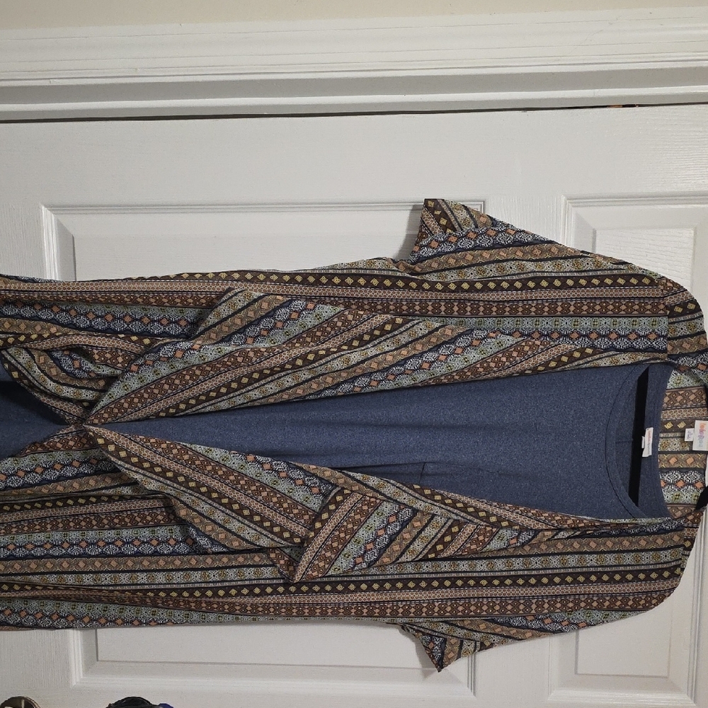 LuLaRoe Blue Dress With Multicolor Striped Kimono